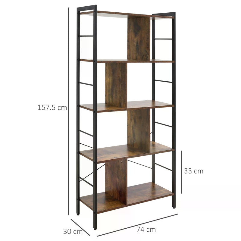 Industrial Storage Shelf - 5-Tier Metal Frame Bookcase & Display Rack in Rustic Brown - Ideal for Living Room, Study & Closet Organization
