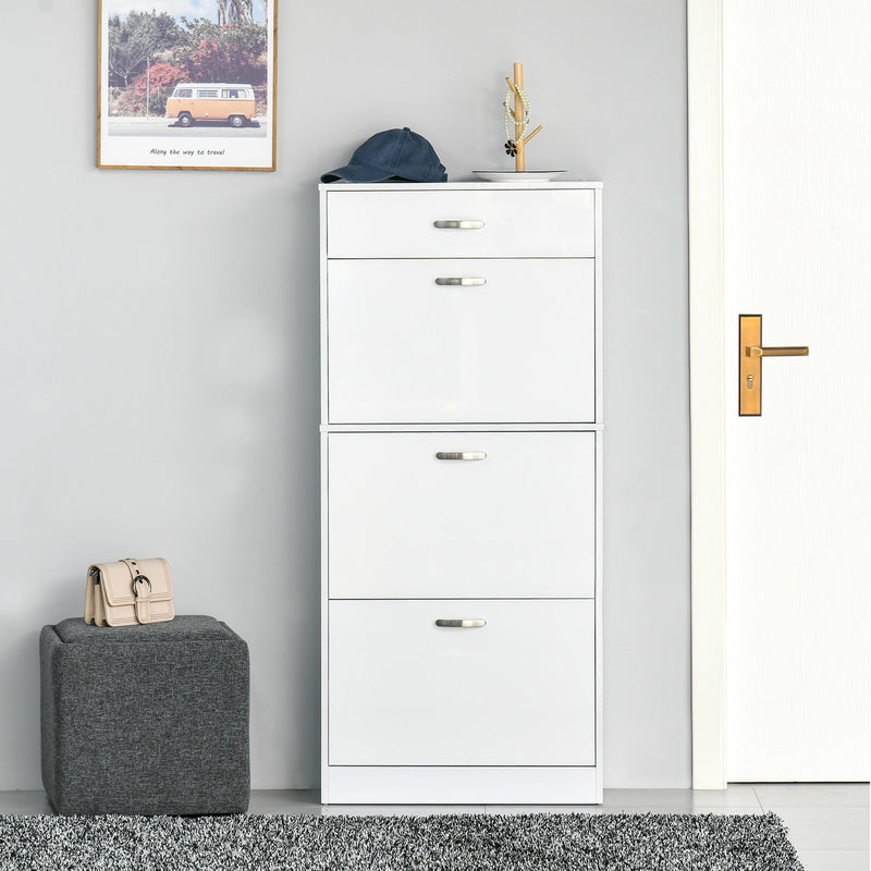 High Gloss Shoe Cabinet with 4 Pull-Down Drawers - Adjustable Storage Cupboard for 18 Pairs, Flip Doors Design - Ideal Organizer for Entryway or Closet