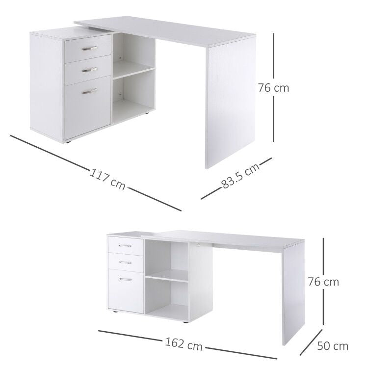 L-Shaped Computer Desk with Drawers and File Cabinet - Spacious Workstation with Storage Shelves for Home Office - Sleek White Design Suitable for Professionals and Students
