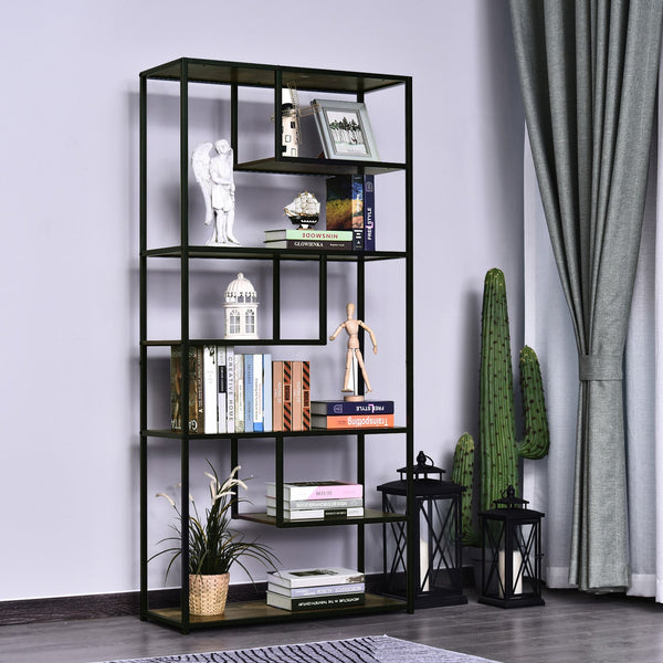 Industrial 6-Tier Staggered Wood Shelving Unit - Modern Bookcase and Display Rack for Living Room - Home Organization and Storage Solution