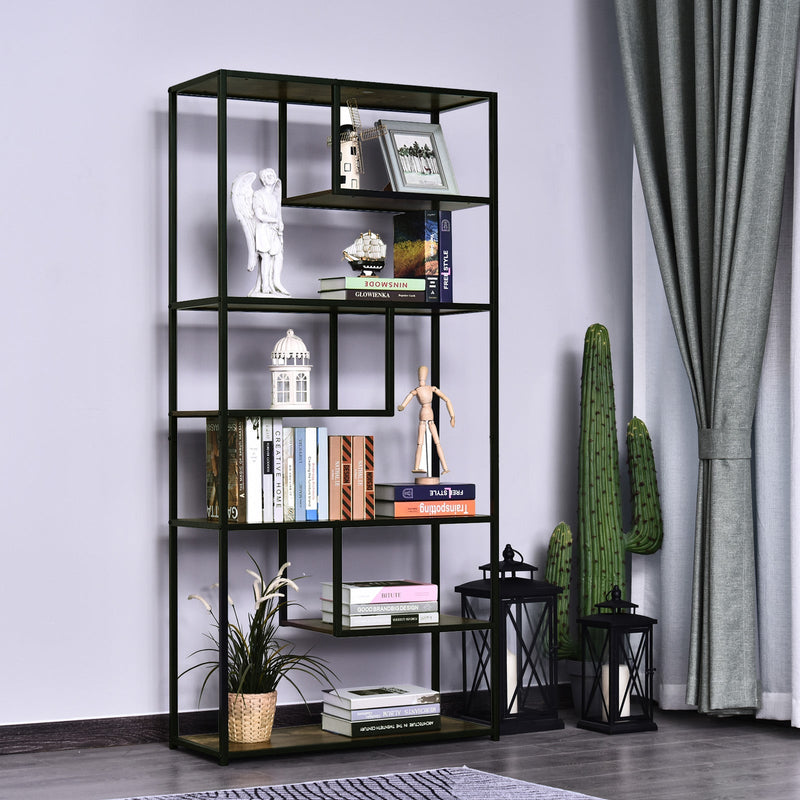 Industrial 6-Tier Staggered Wood Shelving Unit - Modern Bookcase and Display Rack for Living Room - Home Organization and Storage Solution