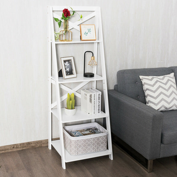 4 Tier Wood Ladder Shelf Unit - White Staircase Design Bookcase - Space Saving Display Storage Solution for Small Rooms