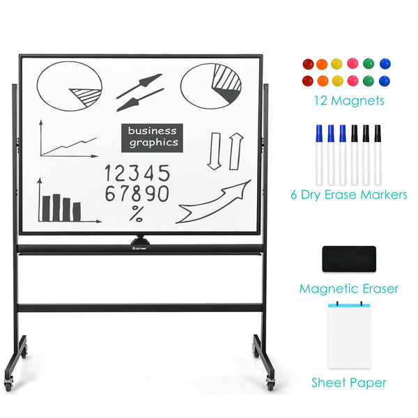 Mobile Magnetic Whiteboard - Double-Sized, Easily Movable with 4 Lockable Wheels - Ideal for Presentations, Lessons, and Office Use