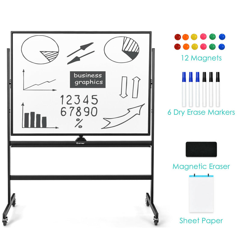 Mobile Magnetic Whiteboard - Double-Sized, Easily Movable with 4 Lockable Wheels - Ideal for Presentations, Lessons, and Office Use