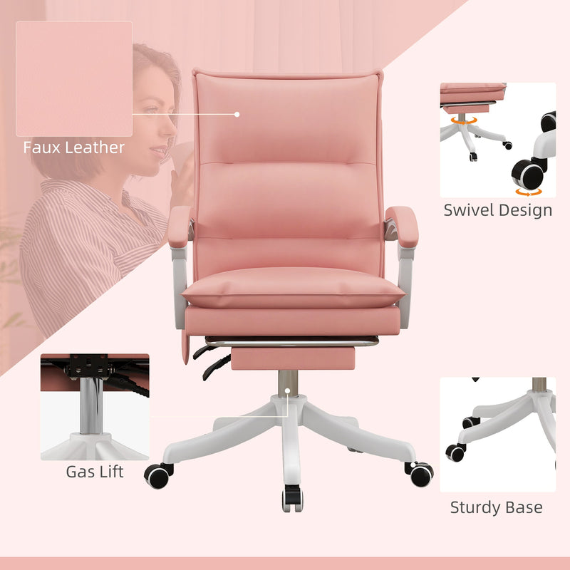 Ergonomic Heated Vibrating Massage Office Chair - Faux Leather Recliner with Footrest, Padded Armrests, Reclining Back, Double-Tier Cushioning - Comfort for Home Office Use in Stylish Pink