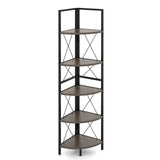 160 CM 5 tier Corner Bookshelf with Metal Frame X-shaped Brackets-Oak