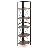 160 CM 5 tier Corner Bookshelf with Metal Frame X-shaped Brackets-Oak