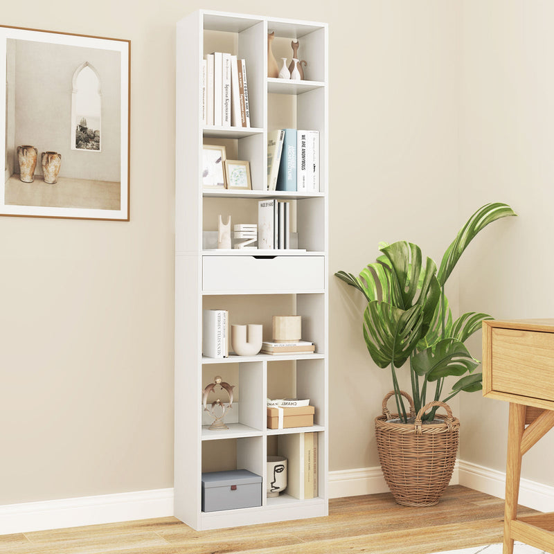 180cm Tall Bookcase with Drawer and 10 Open Cubes-