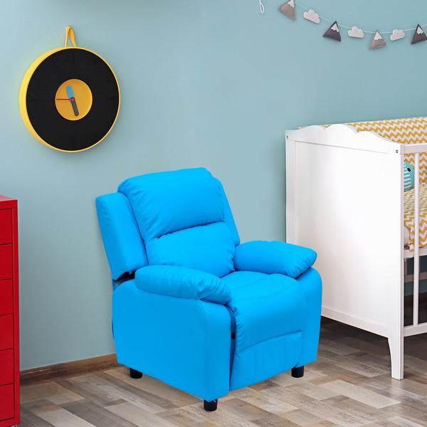 Kids Recliner with Armrest Storage - Blue PU Leather Look Lounger for Children - Comfy Gaming Chair Sofa Seat for Playroom and Relaxation