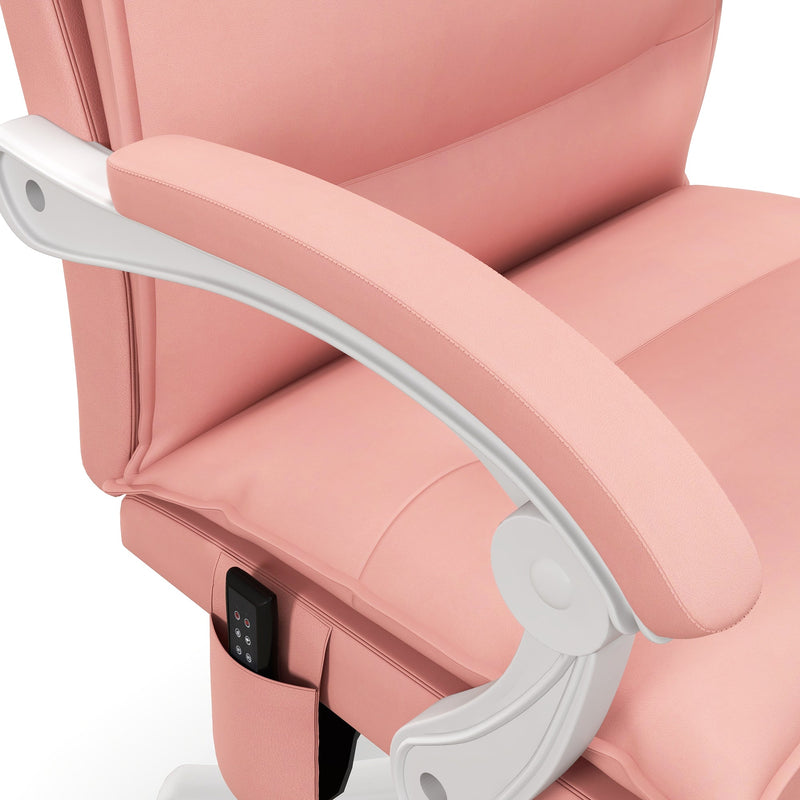 Ergonomic Heated Vibrating Massage Office Chair - Faux Leather Recliner with Footrest, Padded Armrests, Reclining Back, Double-Tier Cushioning - Comfort for Home Office Use in Stylish Pink