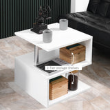 2-Tier Wooden S-Shaped Coffee Table - Cube Storage and Display Shelving Organizer, White - Ideal for Living Room, Office, and Bookcase End Desk Stand