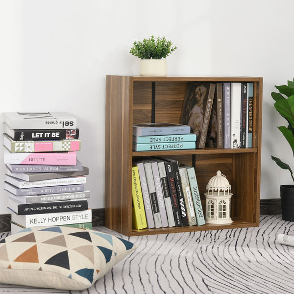 2-Tier Wooden Bookshelf in Walnut - Storage Unit with Shelves and Cupboard - Space-Saving Bookcase for Home and Office Organization