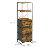 Industrial Storage Organizer - Tall Bookcase with 2 Open Shelves & 3 Foldable Fabric Drawers - Rustic Brown, Ideal for Living Room or Study