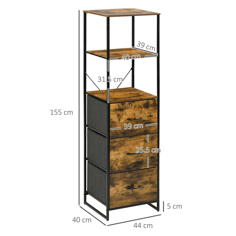 Industrial Storage Organizer - Tall Bookcase with 2 Open Shelves & 3 Foldable Fabric Drawers - Rustic Brown, Ideal for Living Room or Study