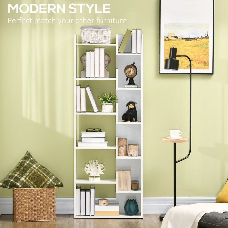 6-Tier Bookshelf - Modern White Bookcase with 11 Open Shelves for Decorative Storage - Ideal for Home Office and Study Organization