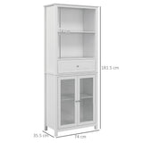 Pantry Storage Unit with Tempered Glass Doors - Kitchen Cupboard with Drawer, Open Shelf & Adjustable Shelves | 181.5 cm Tall in White - Ideal for Organizing Kitchenware & Food Essentials