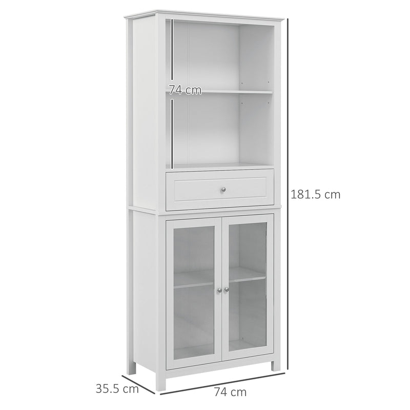 Pantry Storage Unit with Tempered Glass Doors - Kitchen Cupboard with Drawer, Open Shelf & Adjustable Shelves | 181.5 cm Tall in White - Ideal for Organizing Kitchenware & Food Essentials