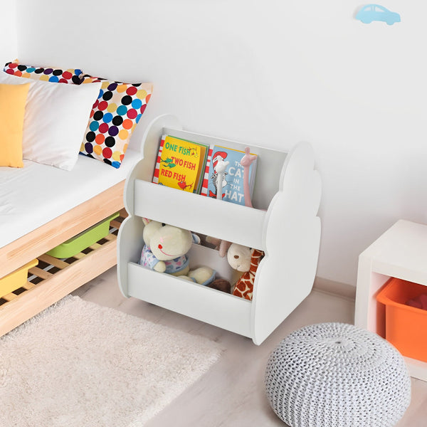 Wooden Kids Bookcase, Model 2-Tier - 4-Wheel White Book Storage Unit - Ideal for Organizing Children's Books and Easy Moving