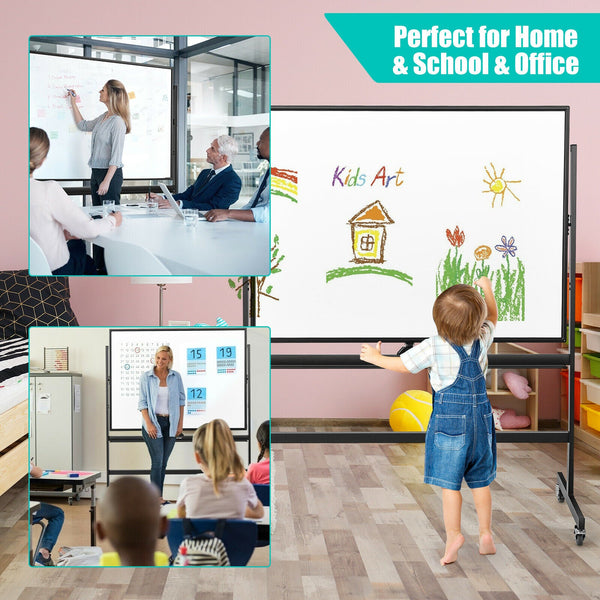 Mobile Magnetic Whiteboard - Double-Sized, Easily Movable with 4 Lockable Wheels - Ideal for Presentations, Lessons, and Office Use