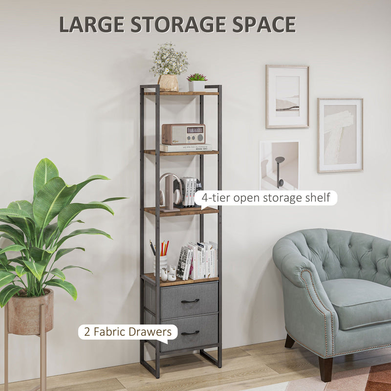 4-Tier Industrial Bookcase with Fabric Drawers - Rustic Brown Storage Shelf with Metal Frame for Versatility - Ideal for Living Room and Bedroom Organization