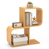 2-Tier S-Shaped Bookcase Bamboo Bookshelf with 2 Open Cubes-2-Tier