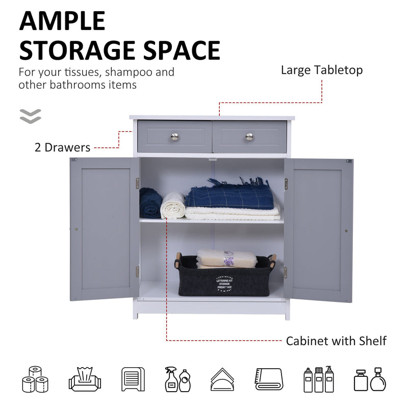 Free-Standing Bathroom Storage Cabinet - 2 Drawers, Adjustable Shelf, Metal Handles, 75x60 cm in Grey and White - Ideal for Organizing Bathroom Essentials