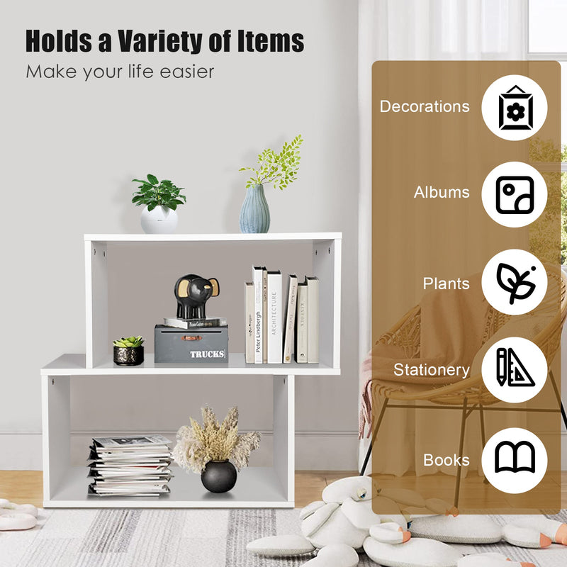 Irregular Design Wooden Bookshelf - 2 Storage Compartments, Perfect for Home or Office Use - Ideal Solution for Organizing Books and More, White Finish