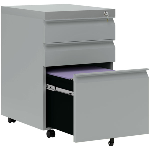 Vinsetto 3 Drawer Filling Cabinet, Mobile Metal File Cabinet with Anti-tilt Design for Letter, A4, Legal Size, Grey | Aosom UK