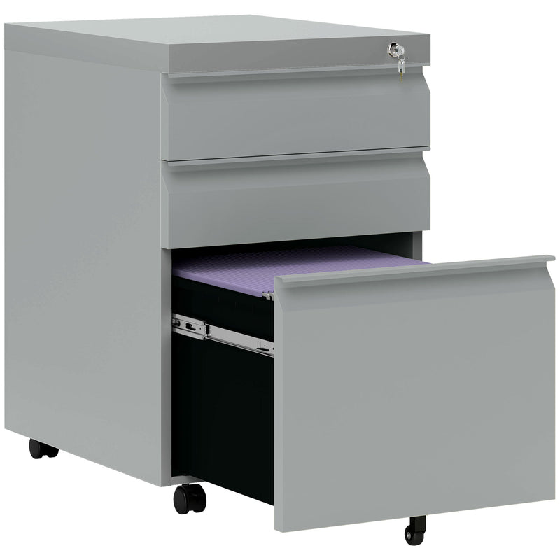 Vinsetto 3 Drawer Filling Cabinet, Mobile Metal File Cabinet with Anti-tilt Design for Letter, A4, Legal Size, Grey | Aosom UK