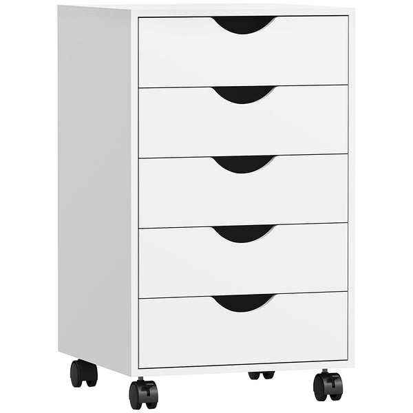 HOMCOM 5 Drawer Mobile Filing Cabinet, Vertical File Cabinet, Modern Rolling Office Storage Organizer Cupboard, White