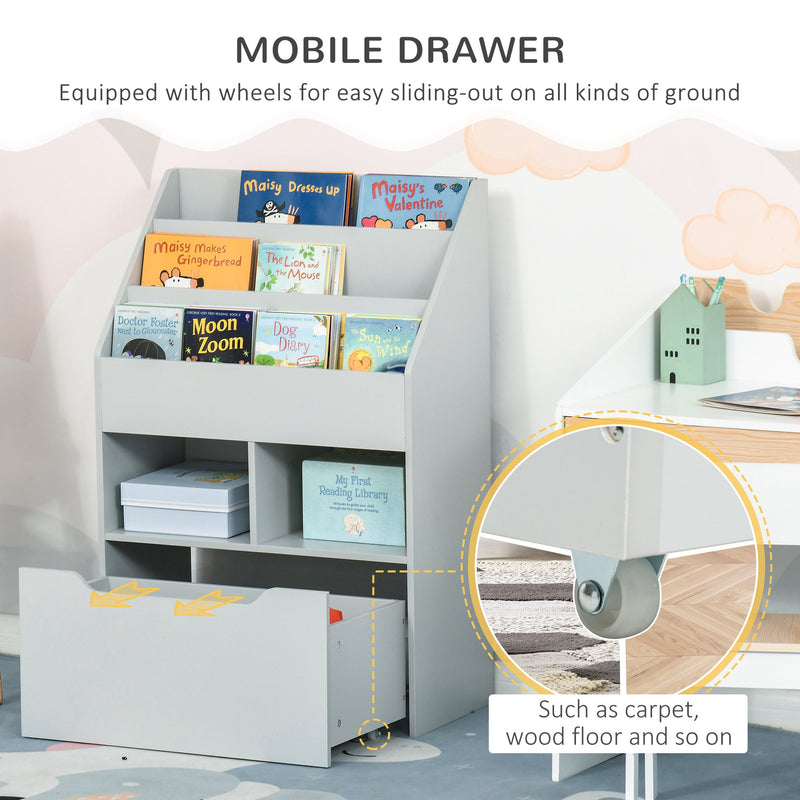 Children's Multipurpose Bookshelf with Drawer - Mobile Toy Storage Organizer and Bookcase for Kids - Ideal for Bedroom or Playroom in Stylish Grey