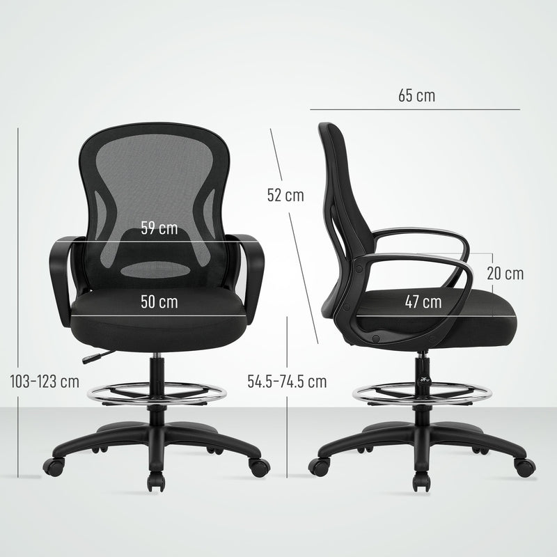 Vinsetto Drafting Chair with Adjustable Footrest, Ergonomic Mesh Office Chair with Lumbar Support, Adjustable Height for Standing Desk, Black