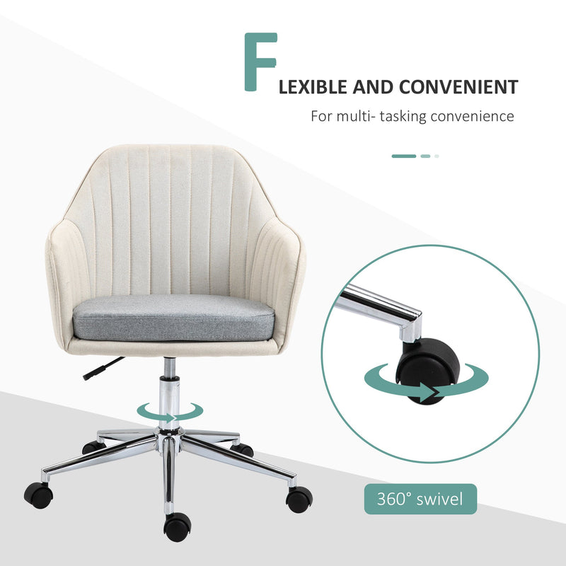 Linen Fabric Leisure Office Chair - Swivel Scallop-Shaped Computer Desk Chair with Wheels - Ideal for Home Study and Bedroom Comfort, Beige