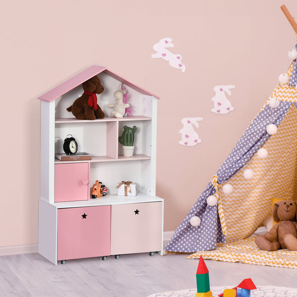 Kids Toy Storage and Bookshelf with Drawer - Rolling Wooden Organizer and Display Stand, 80x34x130cm, Pink - Ideal for Child's Room Organization