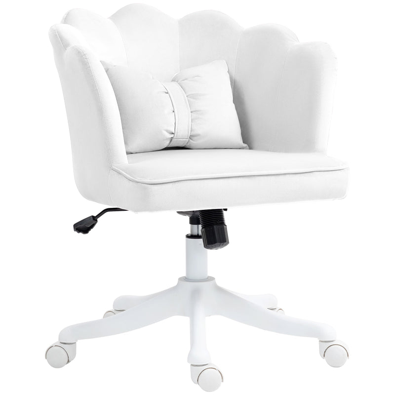 HOMCOM Velvet Office Chair with Petal Shell Back and Lumbar Pillow, Armless Desk Chair with Wide Seat and Tilt Function, Height Adjustable Swivel Makeup Vanity Chair for Bedroom, White