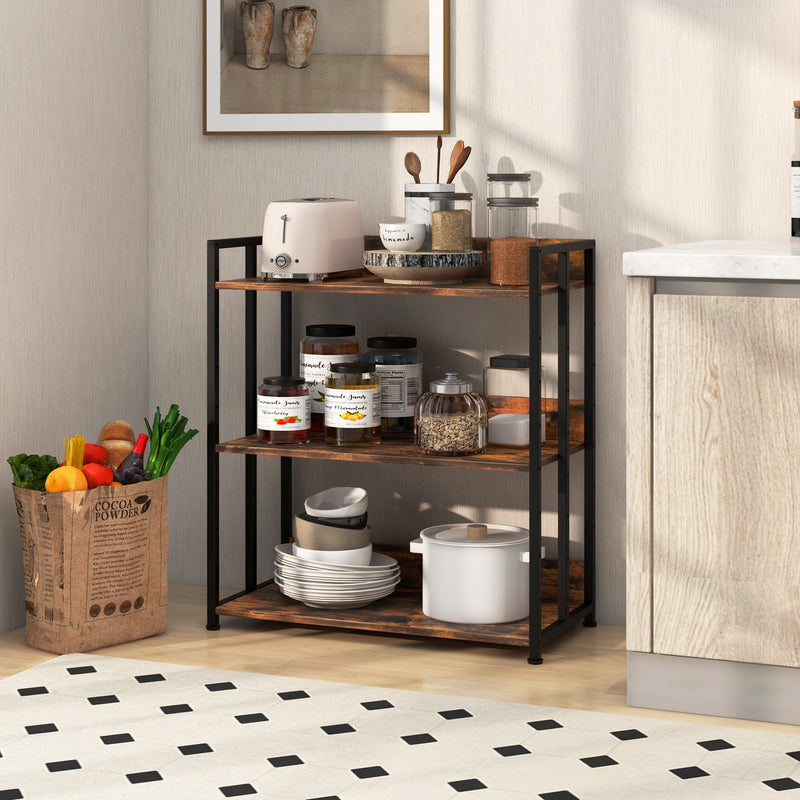 Adjustable 3-Tier Bookshelf - Rustic Brown with Metal Frame - Ideal for Home or Office Storage Solutions