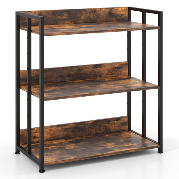 Adjustable 3-Tier Bookshelf - Rustic Brown with Metal Frame - Ideal for Home or Office Storage Solutions