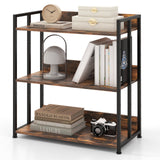 Adjustable 3-Tier Bookshelf - Rustic Brown with Metal Frame - Ideal for Home or Office Storage Solutions