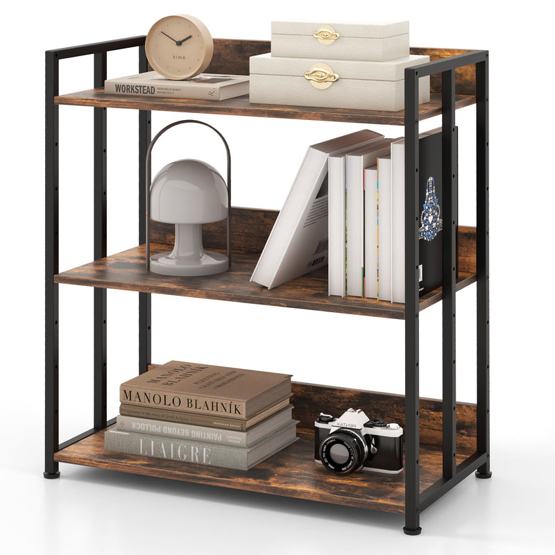 Adjustable 3-Tier Bookshelf - Rustic Brown with Metal Frame - Ideal for Home or Office Storage Solutions