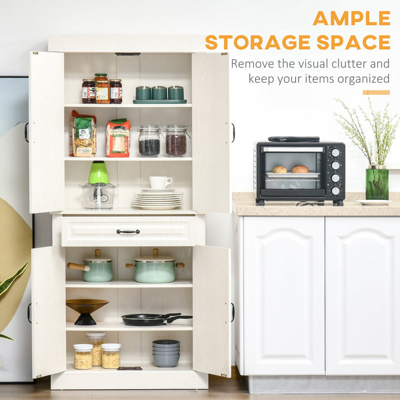 Freestanding 4-Door Kitchen Cupboard - Wide Drawer & Shelving Storage Cabinet, 180cm in White Wood Grain - Ideal for Organizing Living Room Clutter
