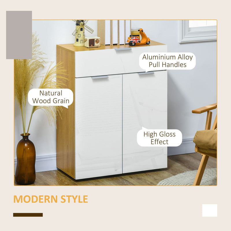 High Gloss White & Natural Sideboard - Sleek Storage Cabinet with Drawer, Door, and Adjustable Shelves - Ideal for Organizing Essentials in Style