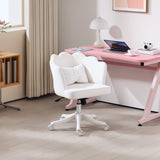 HOMCOM Velvet Office Chair with Petal Shell Back and Lumbar Pillow, Armless Desk Chair with Wide Seat and Tilt Function, Height Adjustable Swivel Makeup Vanity Chair for Bedroom, White