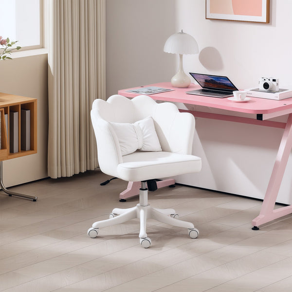 HOMCOM Velvet Office Chair with Petal Shell Back and Lumbar Pillow, Armless Desk Chair with Wide Seat and Tilt Function, Height Adjustable Swivel Makeup Vanity Chair for Bedroom, White