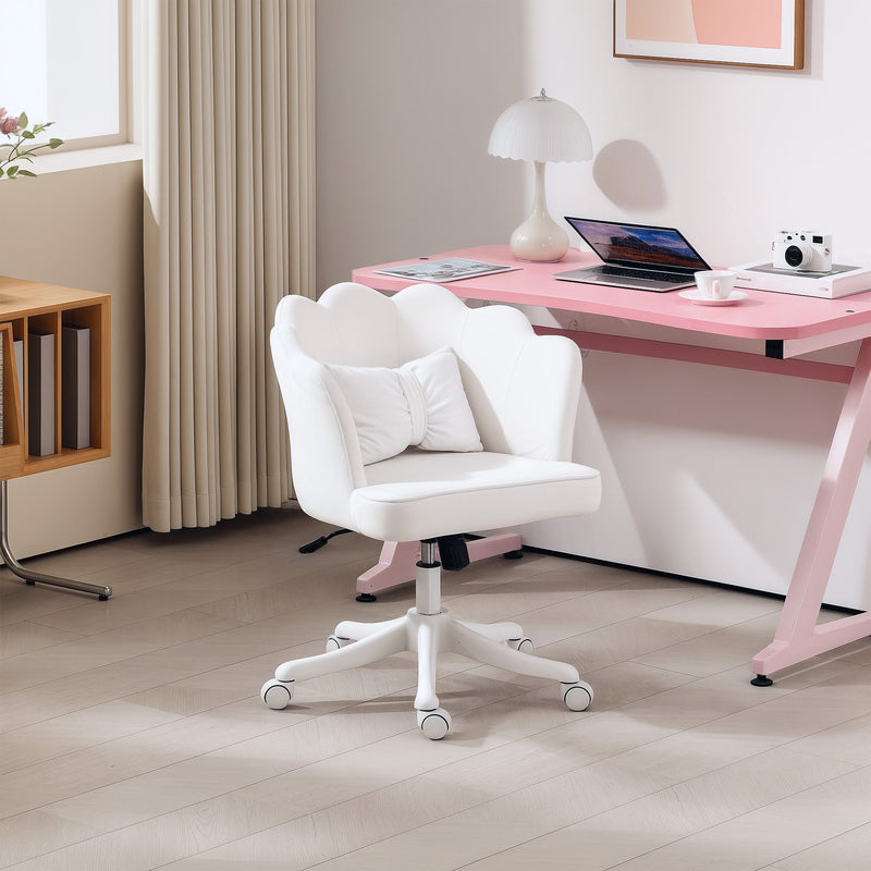 HOMCOM Velvet Office Chair with Petal Shell Back and Lumbar Pillow, Armless Desk Chair with Wide Seat and Tilt Function, Height Adjustable Swivel Makeup Vanity Chair for Bedroom, White