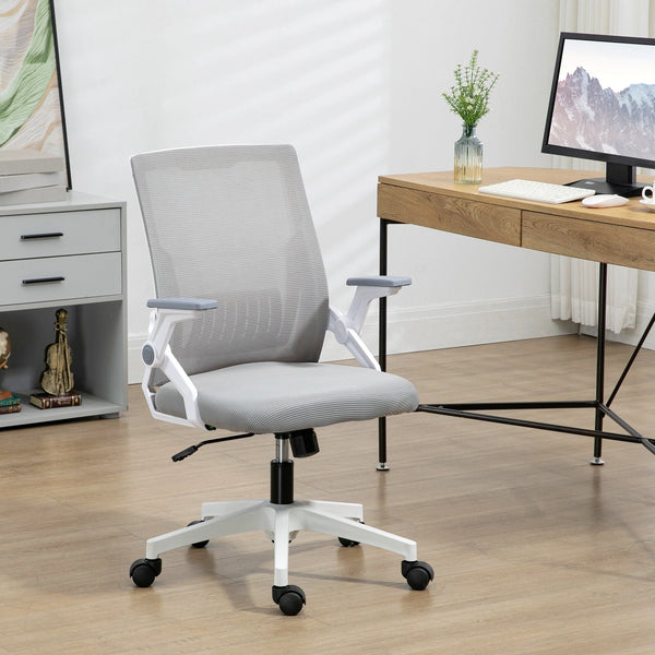 Ergonomic Grey Mesh Office Chair - Lumbar Support, Flip-up Armrests, Swivel Wheels, Adjustable Height - Comfortable Seating for Desk Work and Home Office