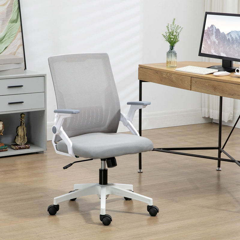 Ergonomic Grey Mesh Office Chair - Lumbar Support, Flip-up Armrests, Swivel Wheels, Adjustable Height - Comfortable Seating for Desk Work and Home Office