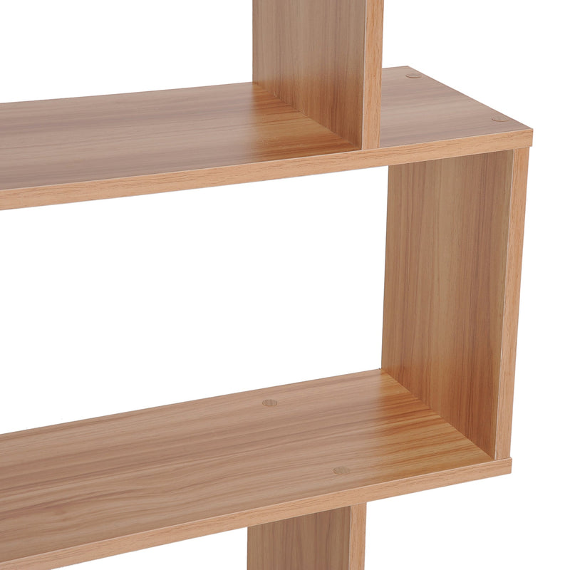 Maple Finish Wooden S-Shaped Bookcase - 6-Shelf Storage Display Unit & Room Divider - Versatile Chest Cabinet for Home or Office Organization