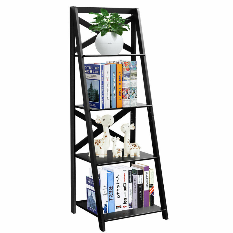 4 Tier Wood Ladder Shelf Unit - White Staircase Design Bookcase - Space Saving Display Storage Solution for Small Rooms