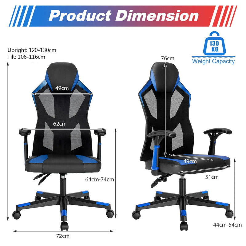 Gaming Chair - Blue Racing Style with Adjustable Back Height - Designed for Comfortable, Long Gameplay Sessions