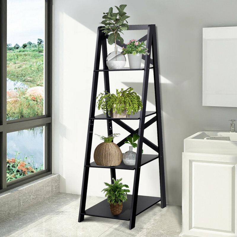 4 Tier Wood Ladder Shelf Unit - White Staircase Design Bookcase - Space Saving Display Storage Solution for Small Rooms